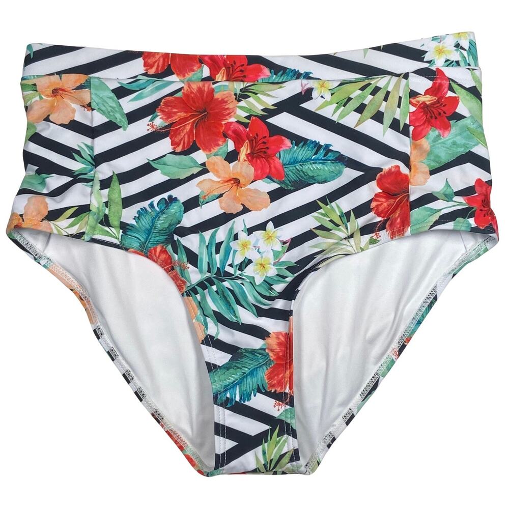 Tempt Me High Waist Swimsuit Bottom Women's XL Tropical Floral Print Chevron